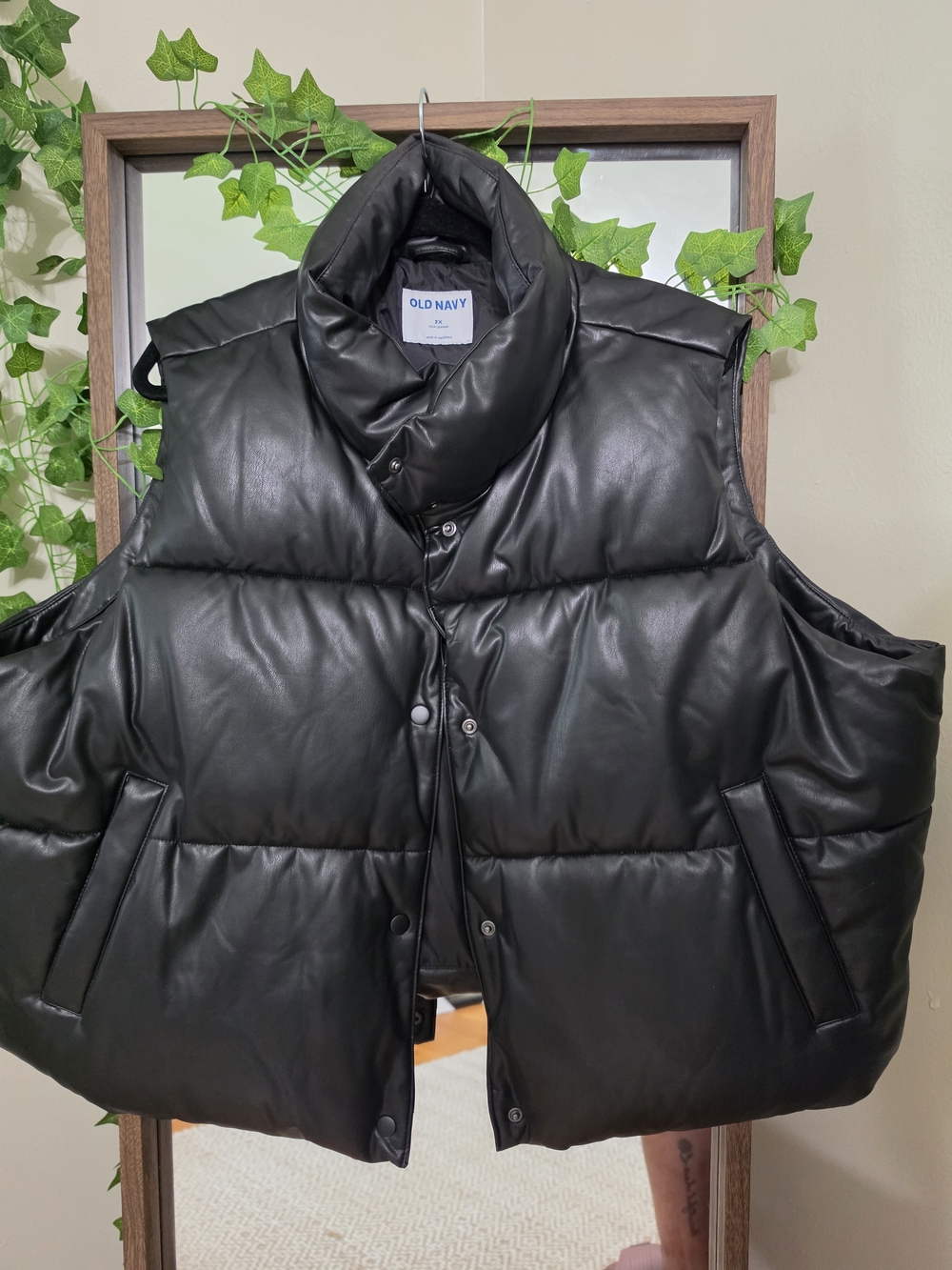 Old Navy Black Faux Leather Puffer Vest